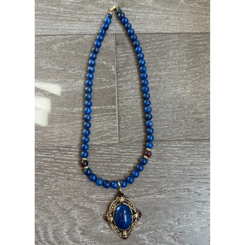 1928 Jewelry Blue Faux Lapis Statement Necklace Gold Tone Red Cabochon Signed